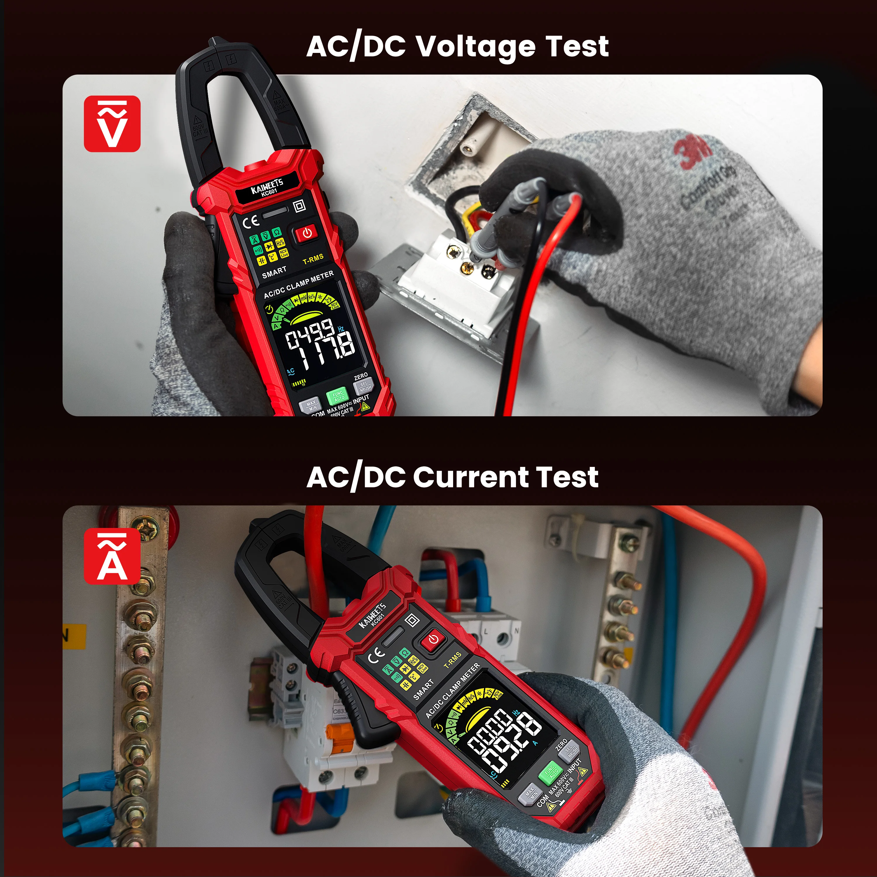 KAIWEETS KC601 AC/DC Current Digital Clamp Meter 6000 Counts 600A Amp Multimeter Large Color Screen Voltage Tester  Meters