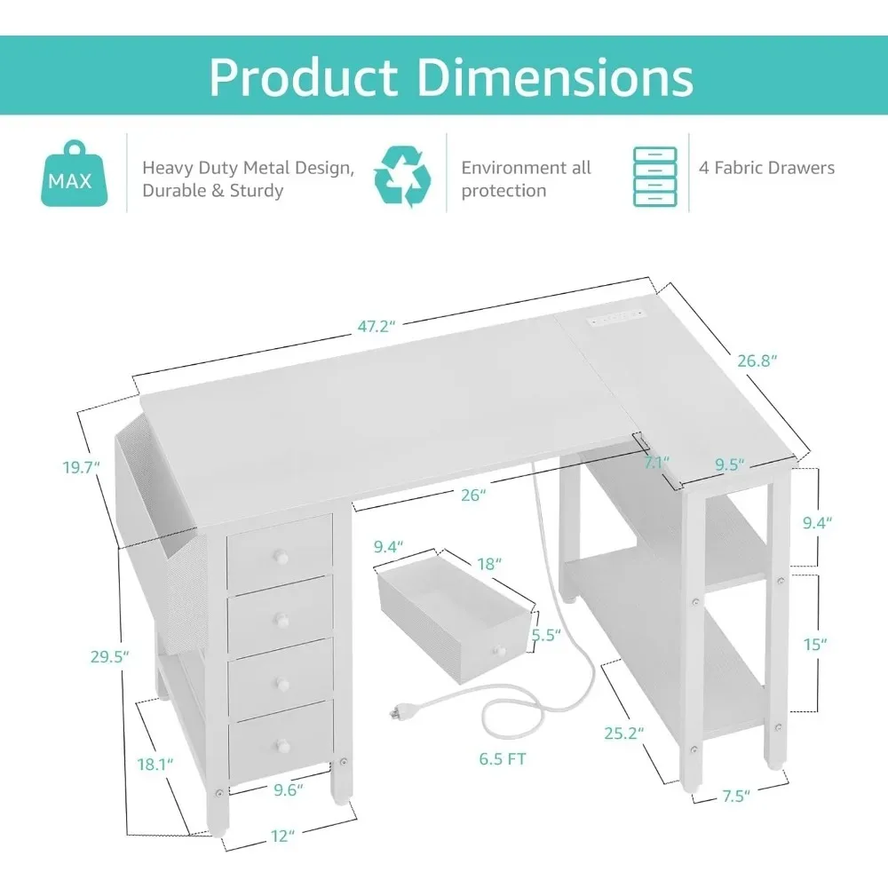 Computerbureau, 47 Inch Hoekbureaus Met Stopcontact Voor Thuiskantoor Slaapkamer, Computerbureau
