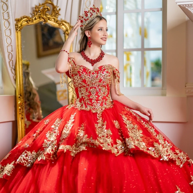 Красное бальное платье Quinceanera с открытыми плечами Золотая Аппликация Кружева Бисер кристаллы Tull корсет Sweet 16 платье Vestido De 15