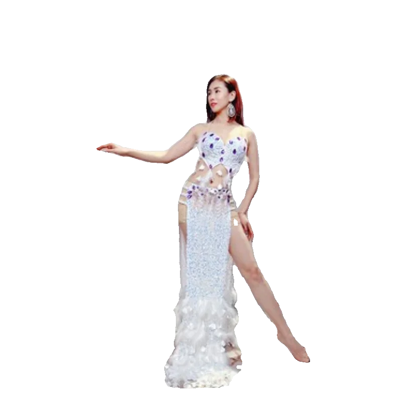 Belly Dance Suit Diamond Bra Belt White Feather Long Skirt Performance Set High-End Custom Adult Competition Clothing