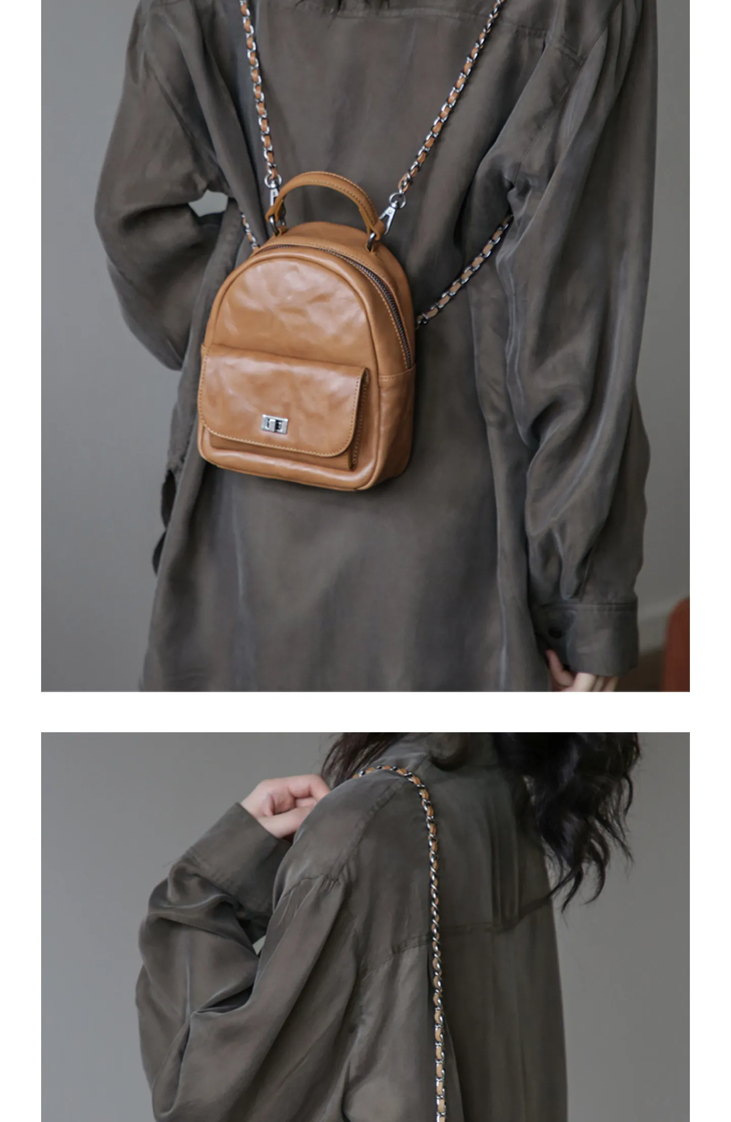 Einfacher Vintage-Luxus-Rucksack aus Rindsleder für Damen, kleine modische Organizer-Tasche, handgefertigt, hochwertige Damen-Büchertasche aus echtem Leder – Detail 13