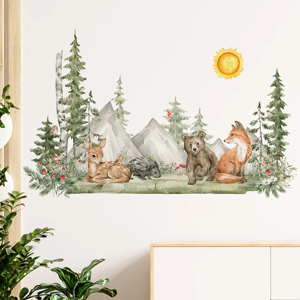 Hand Painted style Animals Forest Wall Stickers for Kids Nursery Baby Room Decor Removable Decals Eco-friendly DIY Posters Art