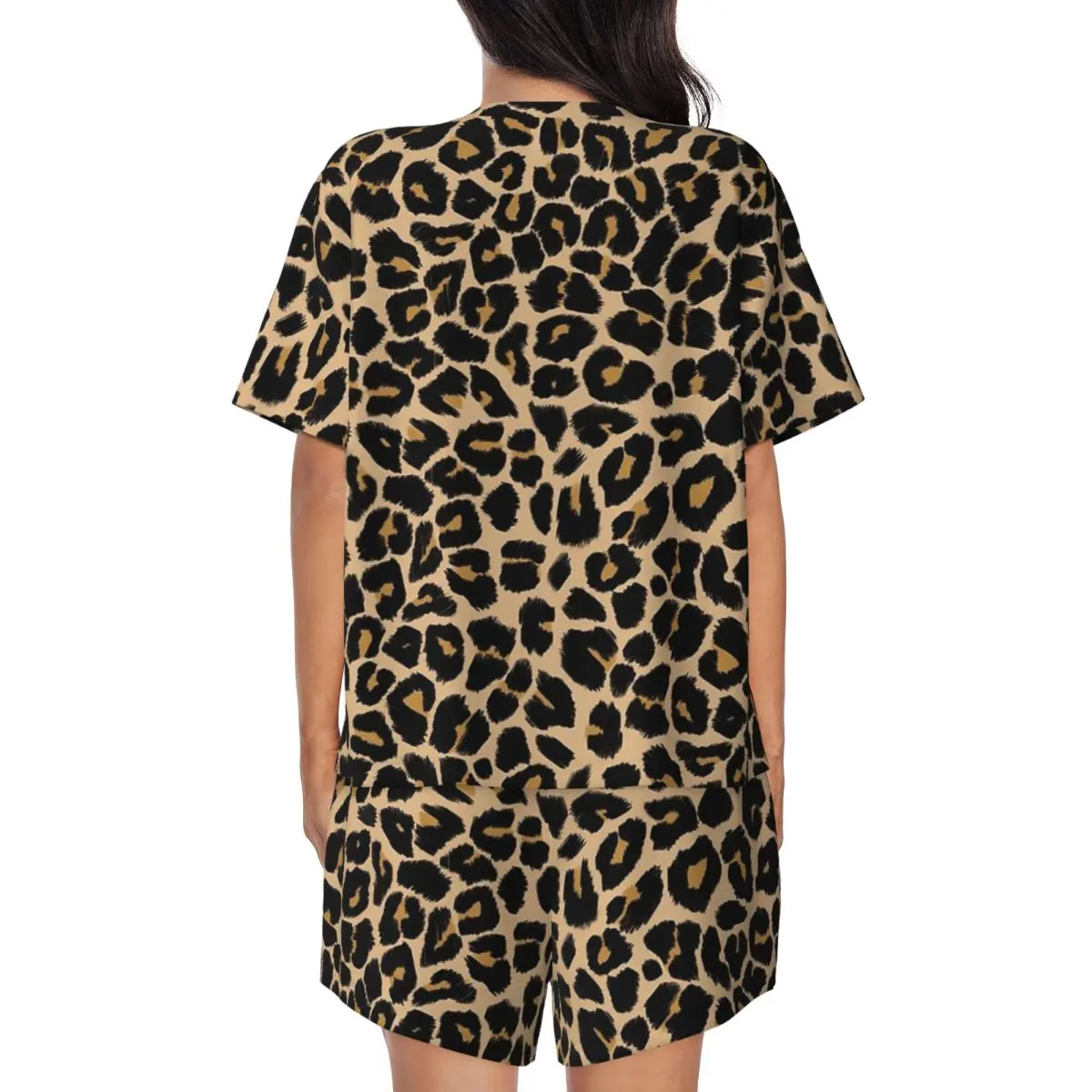 Leopard Print Traditional Colours Round Neck Short Sleeve Nightgowns for Sleeping Sleepshirts Women Soft Pajama Set Short Pants