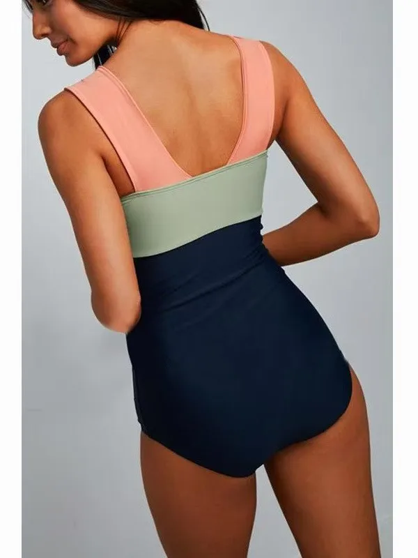2026 Women's Sexy Backless Tummy Control One Piece Swimsuit Color Block Push Up Ruched Swimwear Hot Spring Beach Corset Bodysuit