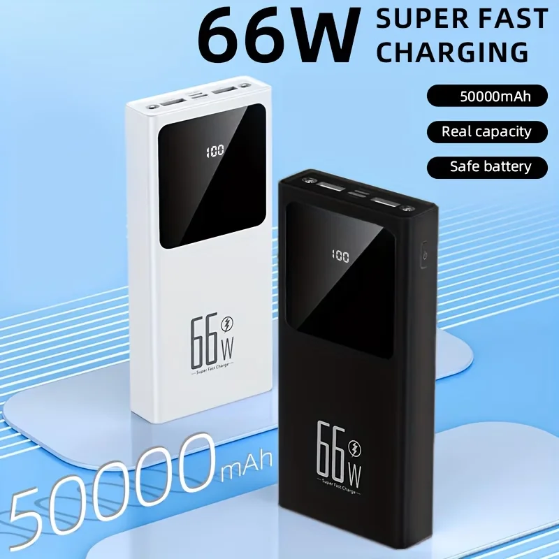 Power bank da 50.000 mAh, caricabatterie portatile con ricarica rapida da 66 W e display digitale a LED, doppia porta USB, ingressi Micro e Type-C, torcia integrata per viaggi all’aperto, disponibile