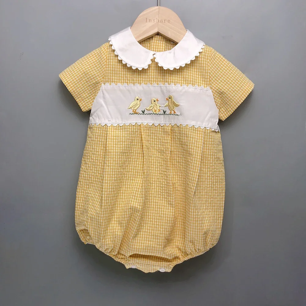 Children Boutique Clothing Summer Baby Boys Girls Short Sleeves Yellow Plaid Embroidered Chick Cotton Bubble Romper Cute Outfit