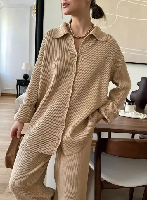 

Two Piece Set Women Outfit 2025 Spring Autumn New Temperament Commuting Pit Stripe Long Sleeved Knit Sweater & Casual Pants Set