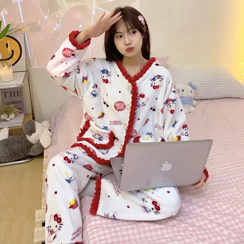 New Sanrio Sleepwear Hello Kitty Pajamas Warm Thickened Woman Winter Cartoon Home Suit Sweet Nightgowns Cute Loungewear Pj Pants