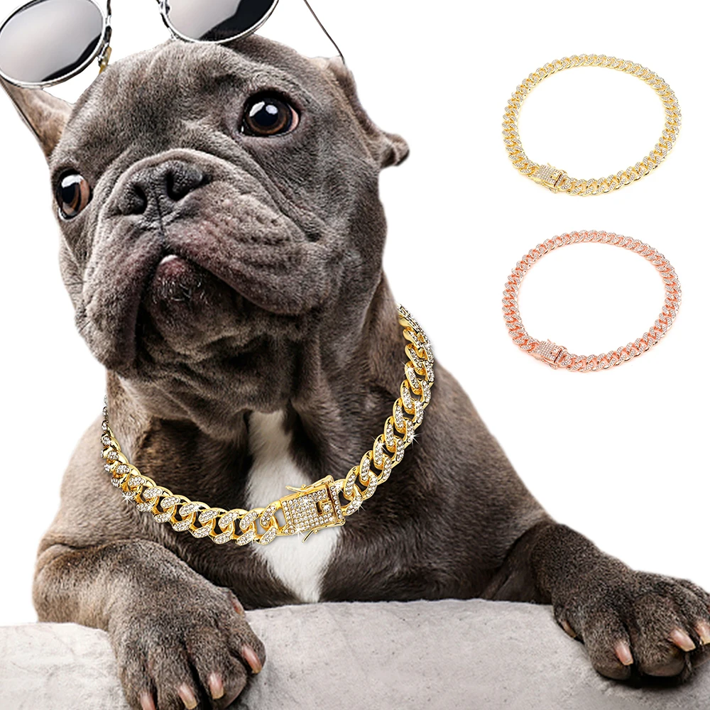 

Rhinestone Gold Dog Chain Collar Strong Metal Dog Choke Collars Bling Pet Slip Choke For Small Medium Large Dogs Pitbull Bulldog