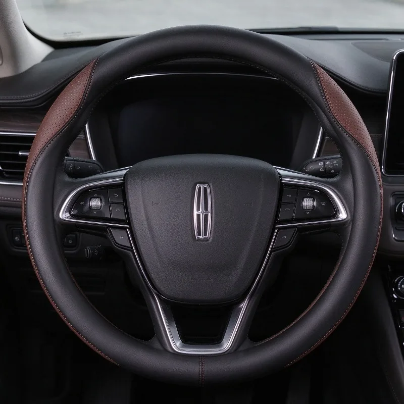 Fits Lincoln,37-38cm Nappa Leather Steering Wheel Cover,O+D Shape, Ultra Thin, Breathable Anti-slip, All Season Auto Accessories