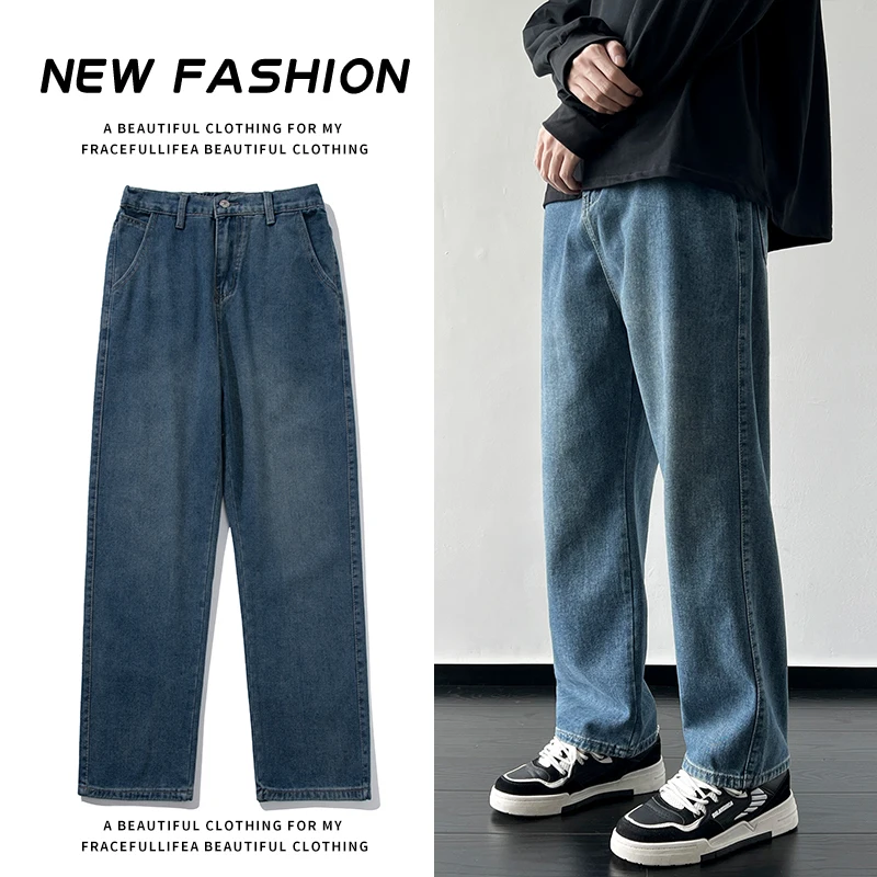 

Свободные прямые джинсы большого размера в Гонконге — унисекс, полуэластичная талия, большие размеры, универсальный повседневный стиль