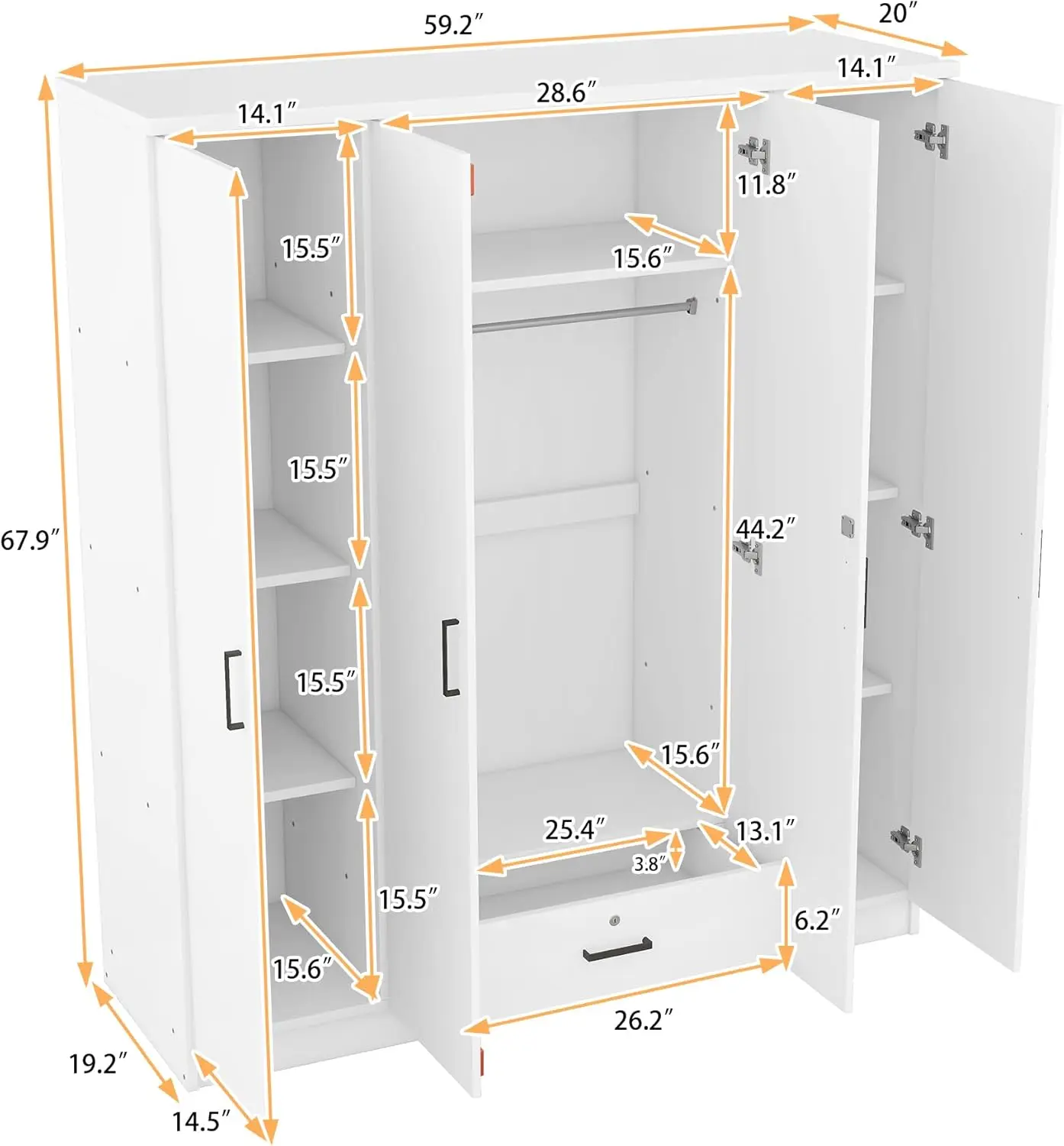 4-Door 1-Drawer Wardrobe Closet with 8 Storage Shelves and Hanging Rail, Bedroom Freestanding Armoire Clothes Storage