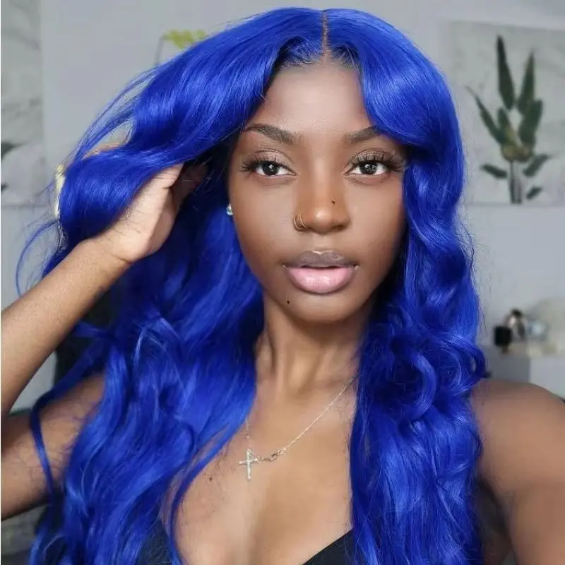 Blue 13x4 Hd Lace Front Wig Body Wave No Glue Synthetic And Blend High Quality Wig Glueless Pre Plucked Wig Women Party Cosplay