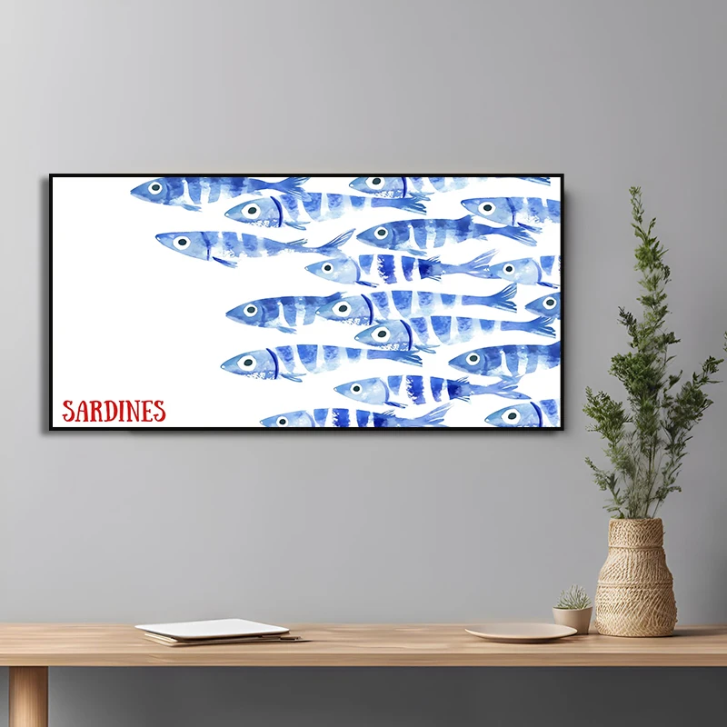 Póster con pintura en lienzo de peces sardinas azules de estilo japonés, divertido para cocina, sala de estar, arte de pared, decoración del hogar