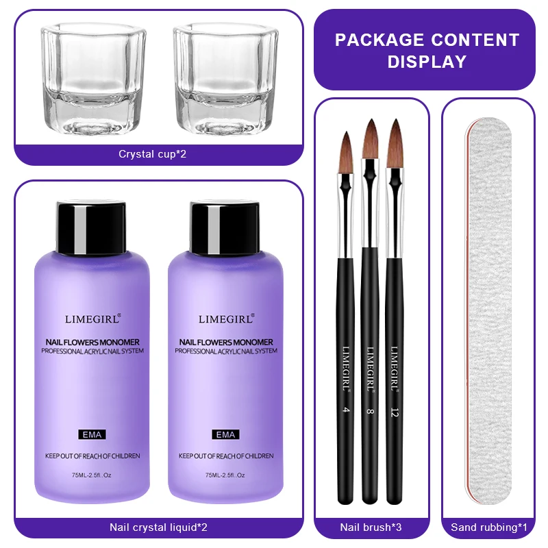 LIMEGIRL 75 ml Nagel-Acryl-Flüssigkeits-Mono-Pinsel-Set, Nagelkunst, Dekoration, Maniküre-Set, Nägel, 3D-Nagelspitzen, DIY-Bildhauerwerkzeug