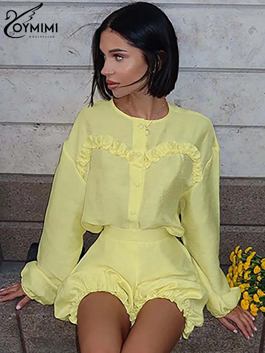 Oymimi Fashion Yellow 2 Piece Sets Women Outfit Elegant O-Neck Long Sleeve Ruffled Button Shirts And High Waisted Shorts Sets