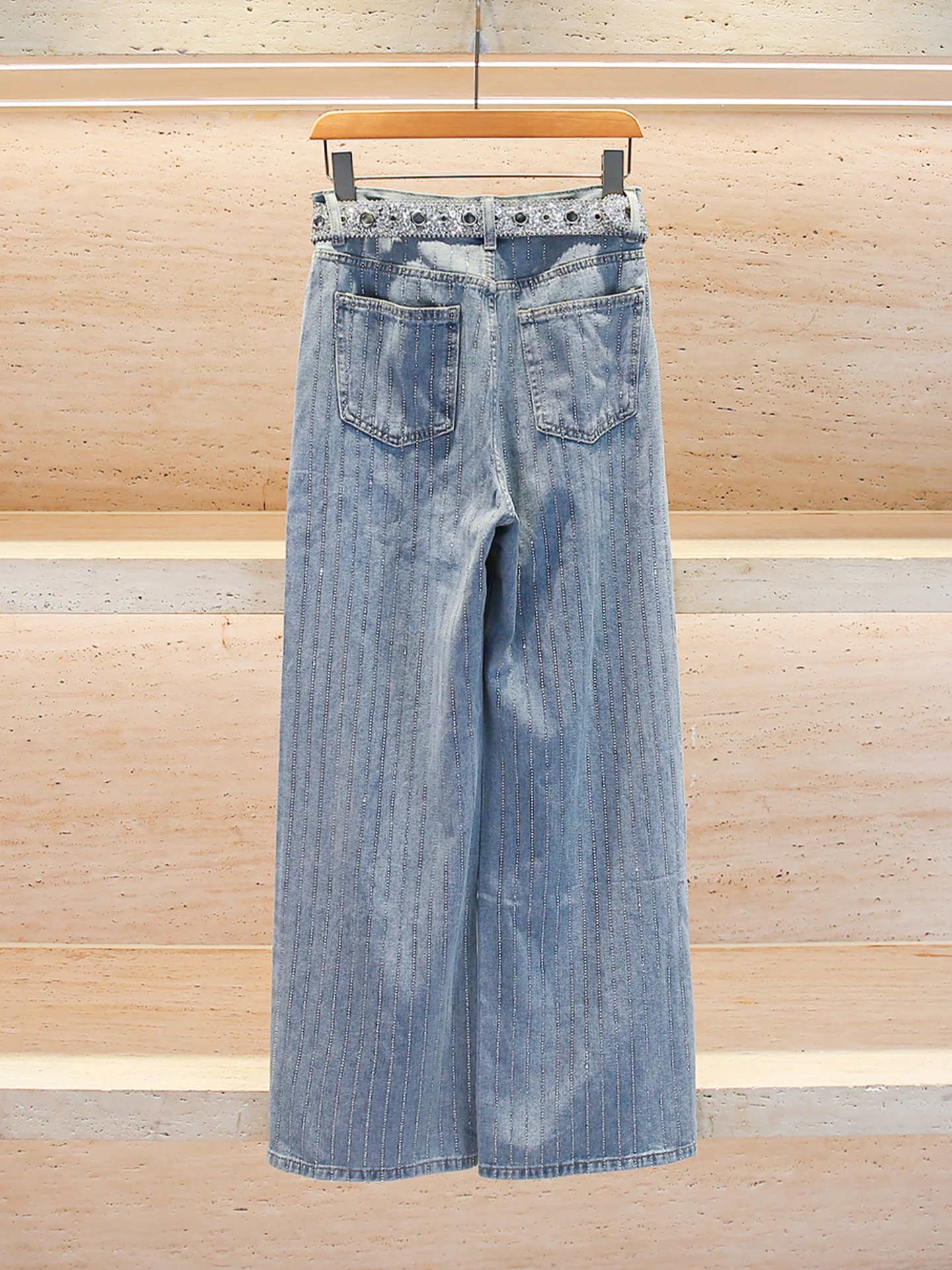 ハイウエストワイドレッグロングジーンズストライプベルトサウスオイルハイエンドレディースカジュアルハイウエストジーンズラインストーン付き2025年秋