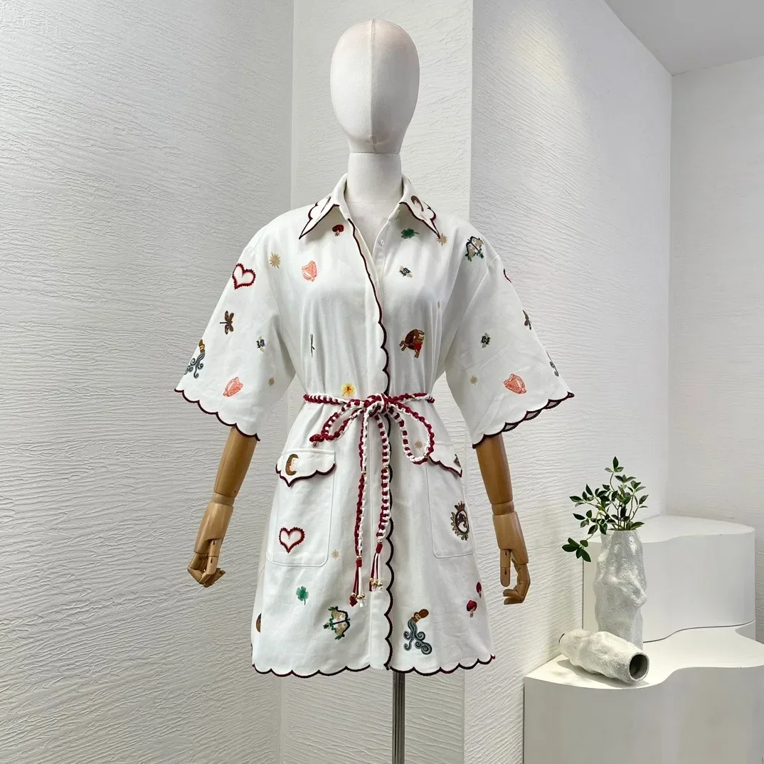 Pure Cotton 2024 New High Quality Embroidery Turn Down Colalr Half Sleeve Lace-up Women Mini Dress