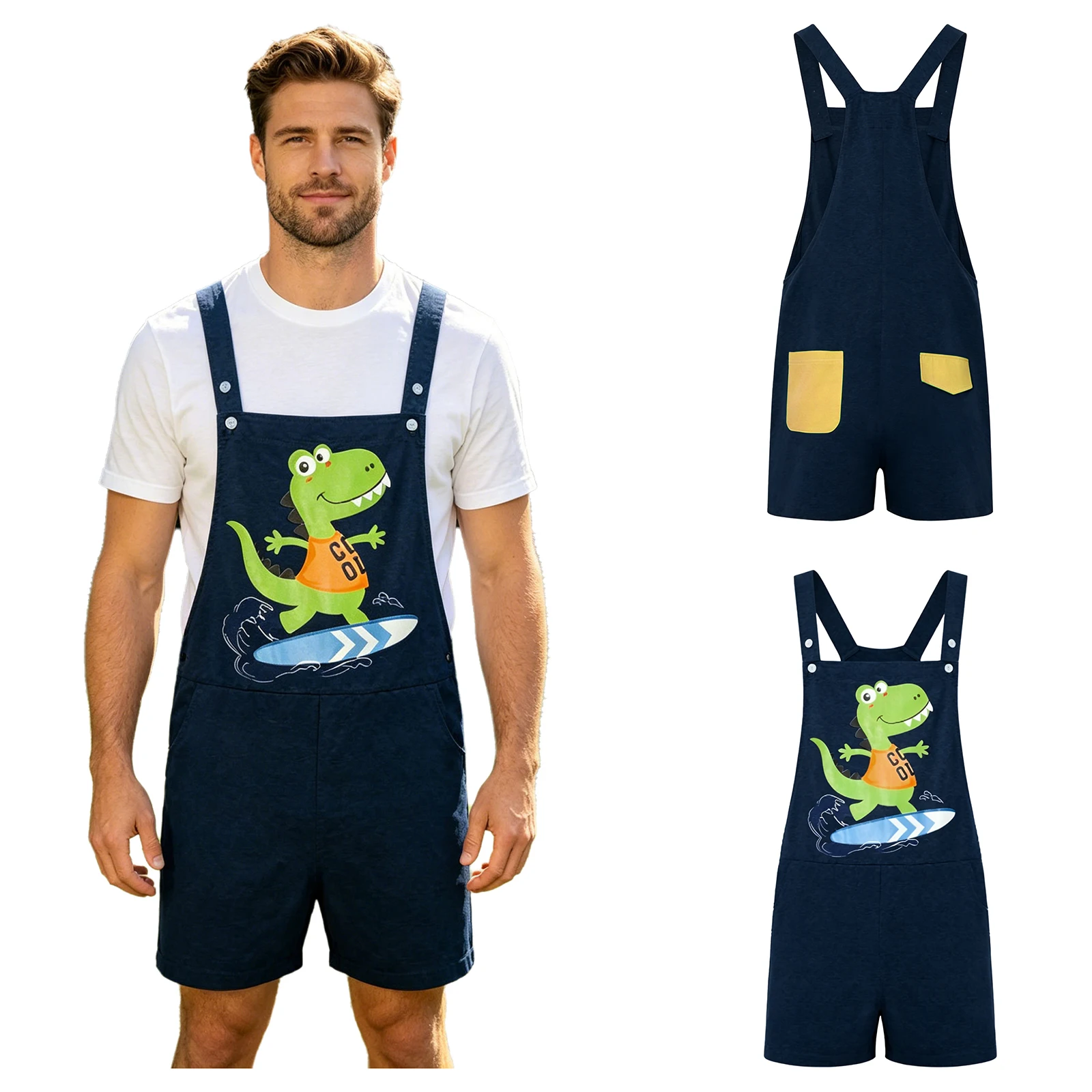 Men Casual Cartoon Dinosaur Printed Overalls Lingerie Pajamas Color Block Pockets Adjustable Straps Bib Shorts Rompers Sleepwear