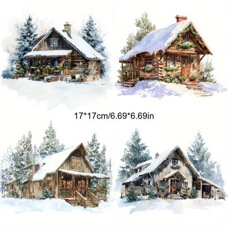 1set 2D Flat 4-in-1 Snow Cabin Vinyl Stickers, Clear Double-Sided Decal for Motorcycle Car Bumper, Holiday Gift