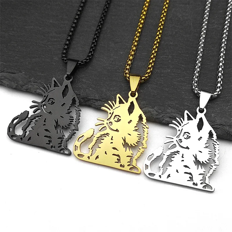 Siamesische Kätzchen Katze Anhänger Halskette Für Frauen Männer Edelstahl Gold Silber Farbe Hohl Kitty Tier Liebhaber Kette Schmuck – Detail 7