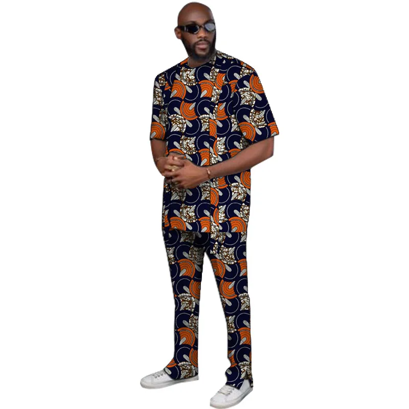 

Summer African Outfits Guaranteed Wax Print Men Set Patchwork Tops With Pant Groom Suit Male Traditional Handmad Cutting