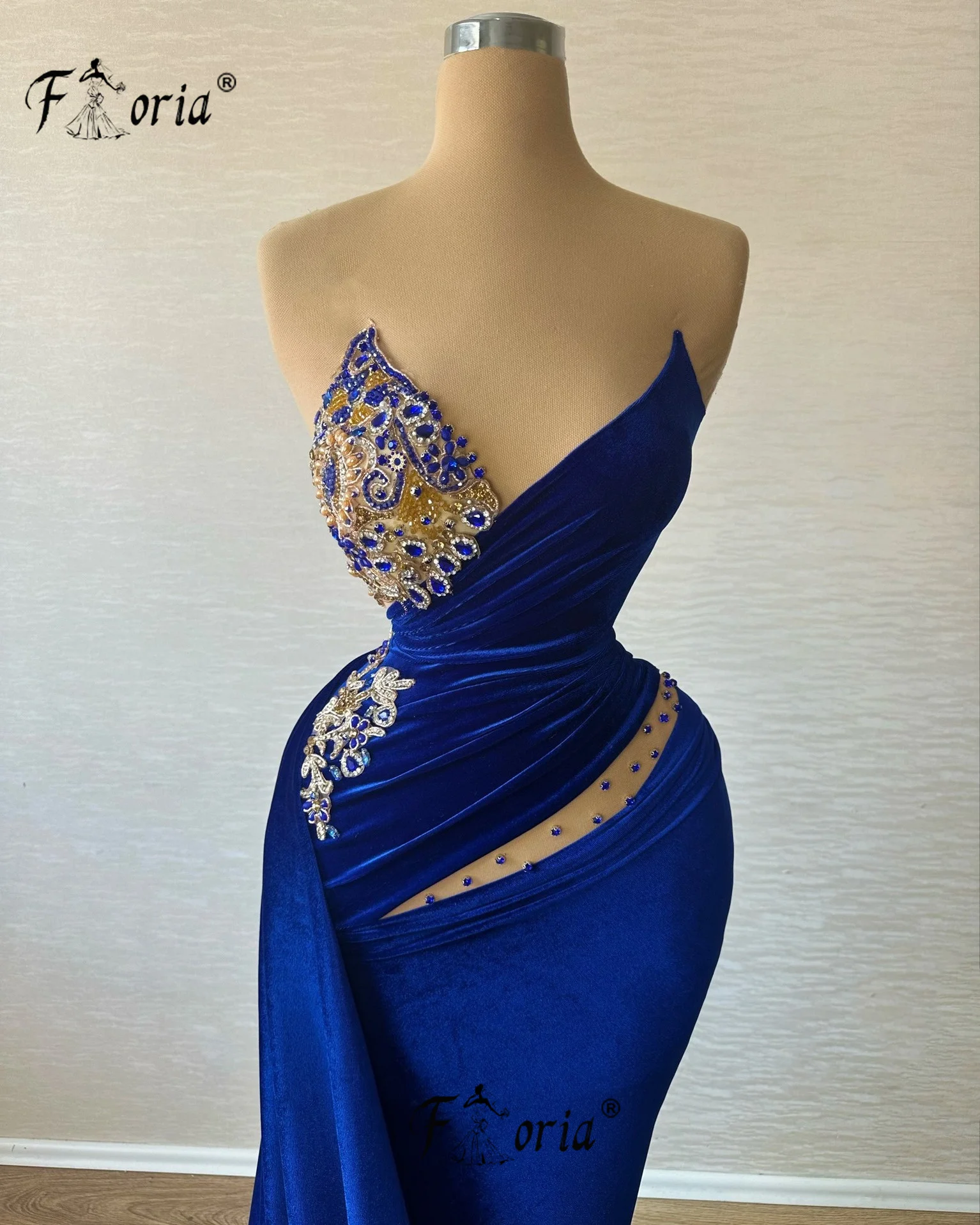 Royal Blue Beaded Elegant Mermaid Evening Dress Velvet Crystal Arabic vestidos de ocasión formales Prom Cocktail Party Dresses