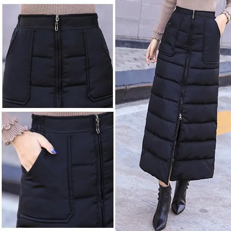 Winter Thickened Mid-Length Half Skirt Korean Style Windproof Warm Zipper down Cotton Skirt Fashionable High Waist A-Line Skirt