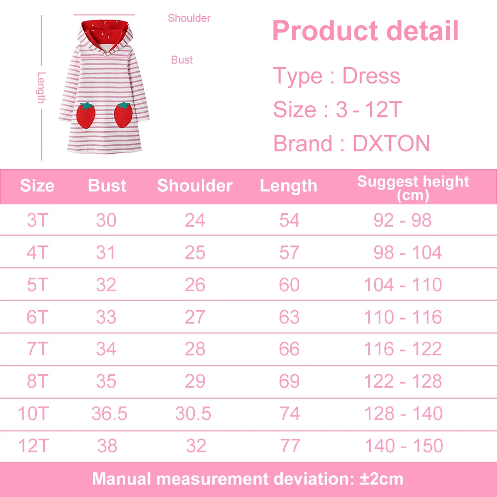 DXTON Girls Hooded Dress Winter Toddlers Hoodies Dress Strawberry Applique Kids Costumes Striped Children Hooded Girls Dresses