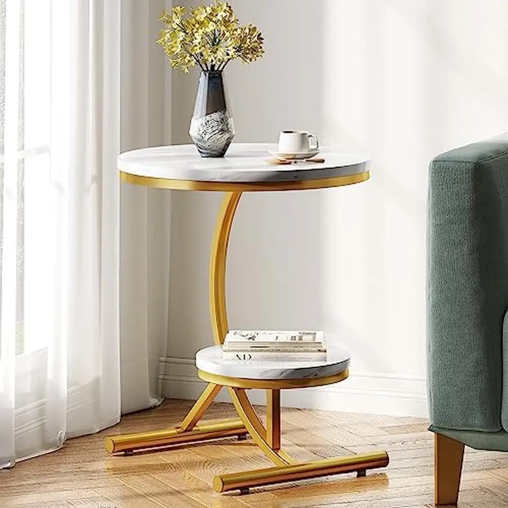 

Modern 2-Tier Round End Table with Storage Shelf Faux Marble Top Gold C-Shaped Legs Sofa Side Table