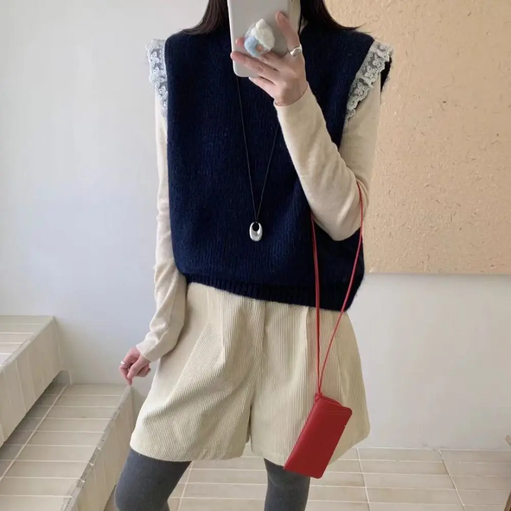 

Round Neck Lace Sleeveless Sweater Pullover Solid Color Knitted Waistcoat Top Korean Style Sweet Knitwear Women Streetwear