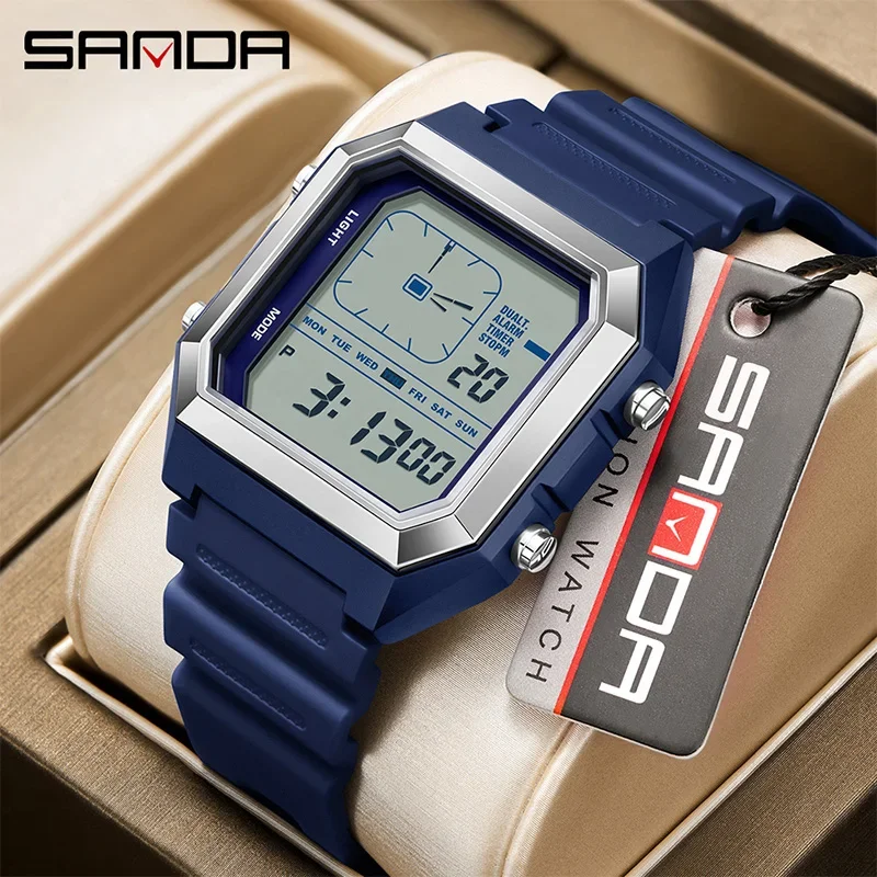 

SANDA модные трендовые квадратные цифровые мужские часы, многофункциональный светящийся хронограф, календарь, спортивные водонепроницаемые мужские часы на открытом воздухе
