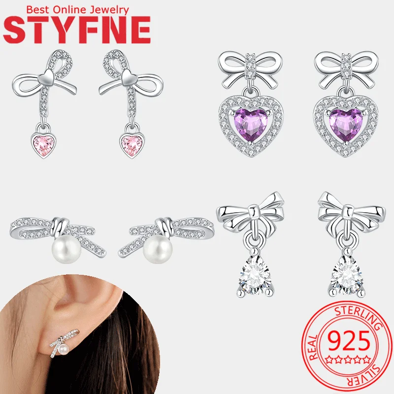 

Earrings 925 sterling silver for Women Heart Exquisite Bow Pearl Zircon Women's Fashion Earrings for Jewelry Gifts