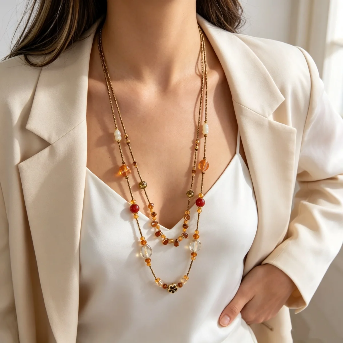 Vintage Bohemian Kristallblumen Lange Mehrlagige Halskette für Damen und Herren, Mehrfarbige Kristallperlen, Blumen-Charm-Choker, Partyschmuck – Detail 8