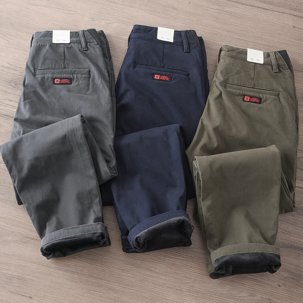 

350A# Winter New American Rerto Thick Velvet Solid Color Cargo Pants Men's Simple Washed Elastic Waist Straight Casual Trousers