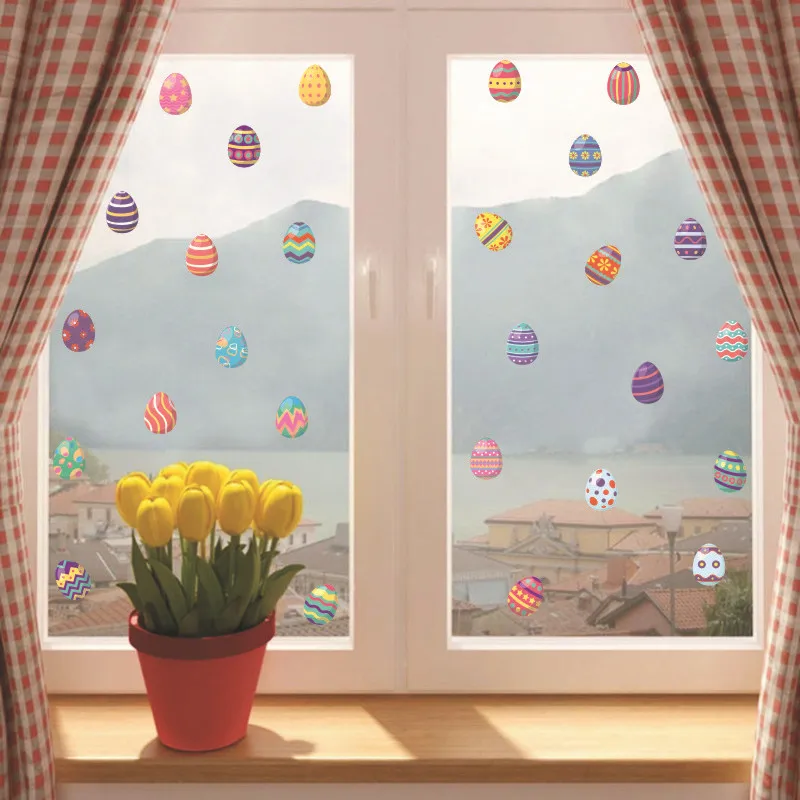 Fensteraufkleber „Frohe Ostern“, niedliche Haseneier, Karotte, elektrostatische Glasaufkleber, Osterdekorationen für Zuhause, Hasen-Wandaufkleber