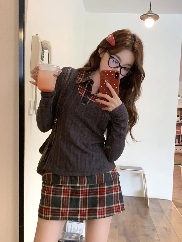 Preppy Style Outfits 2 Piece Skirt Set Fake Two Pieces Blouses High End + Plaid A-Line Skirt Office Lady Japanese High Quality