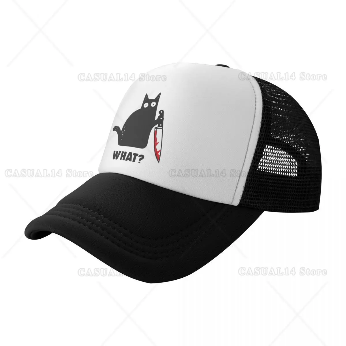 Funny Halloween Cat What Baseball Cap Sun Protection Adjustable Murderous Cat with Knife Trucker Hat Spring Snapback Caps