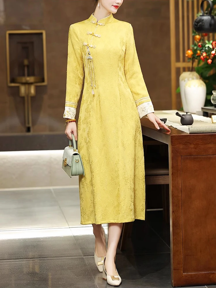 

Новое китайское ретро-платье для молодых женщин: высококачественное повседневное платье с длинными рукавами и цветочным принтом