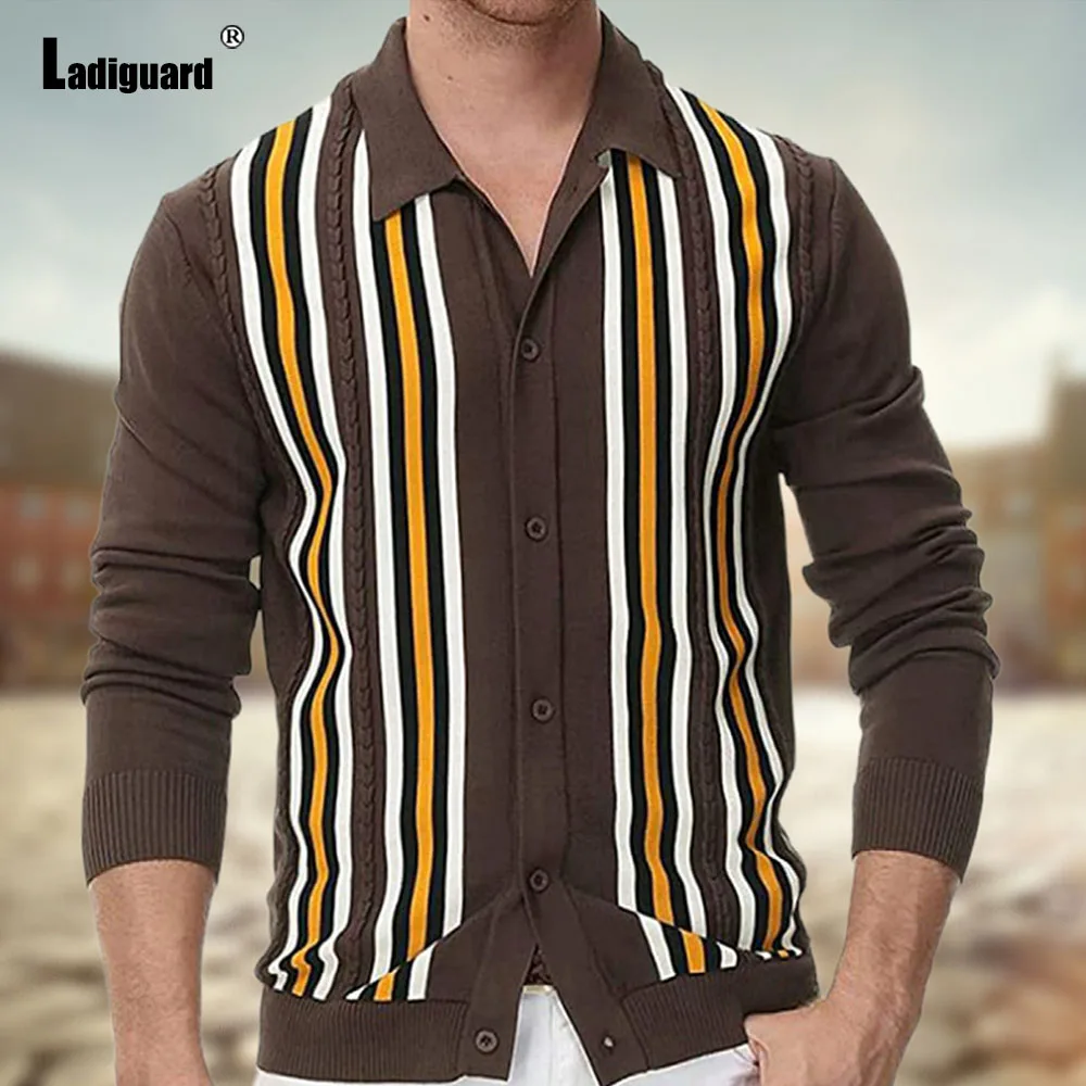 

2024 England Style Knitting Sweaters Lepal Collar Cardigans Men's Striped Tops Outerwear Long Sleeves Basic Sweater Jumpers New