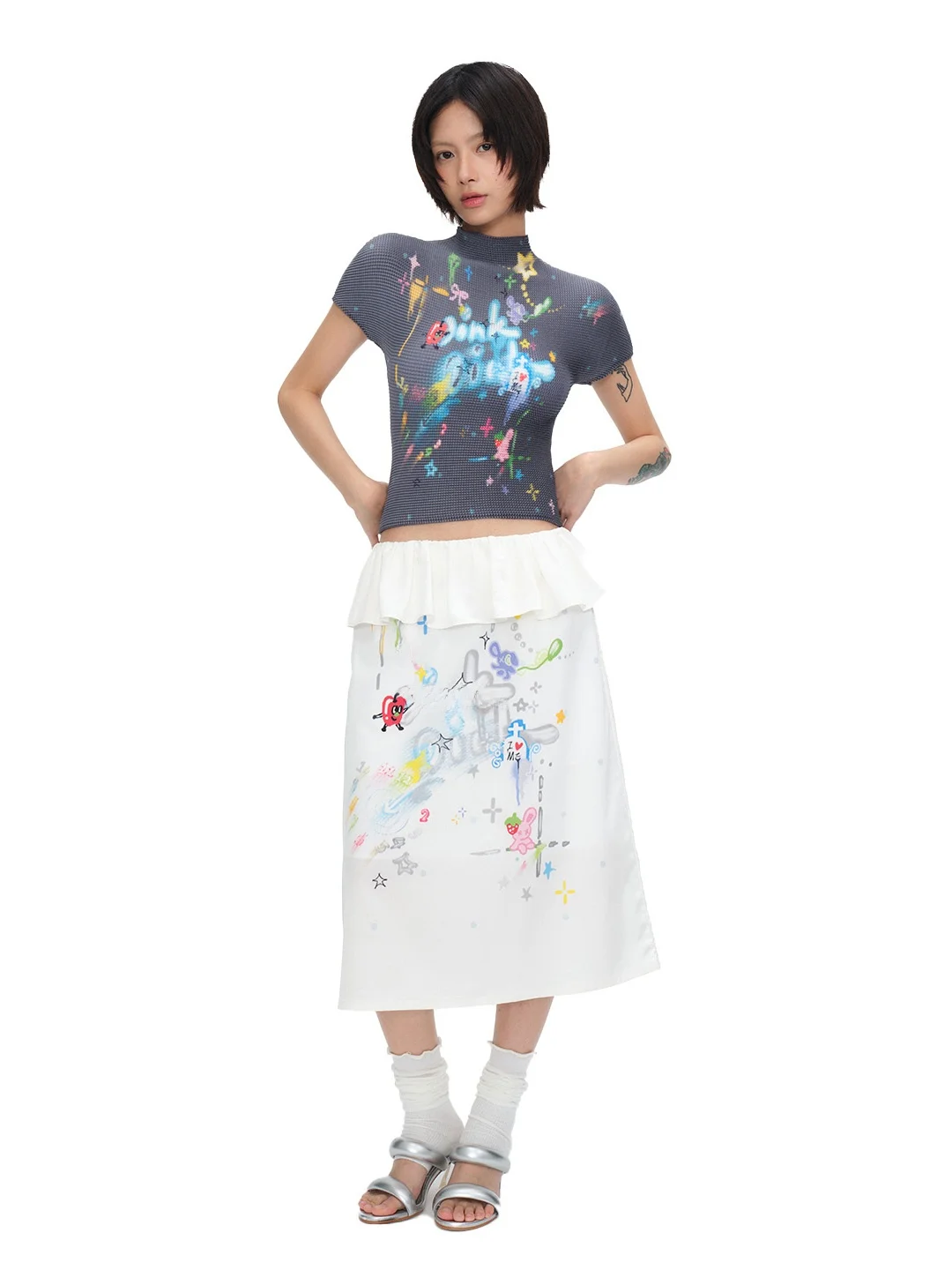Hand-Drawn Graffiti Print Pleated Top Lightweight Breathable Short Sleeve T-Shirt Shoulder Width Regular Polyester Summer Cas...