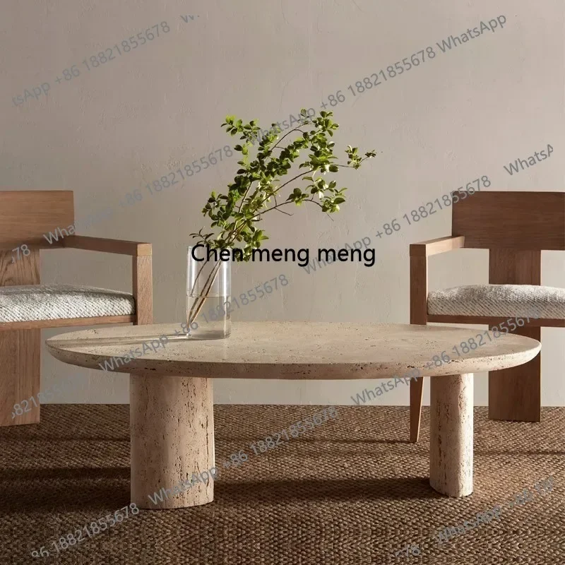 C85 "Tavolino da caffè firmato in travertino - Tavolo centrale ovale Wabi Sabi, mobili da soggiorno in pietra naturale personalizzati"