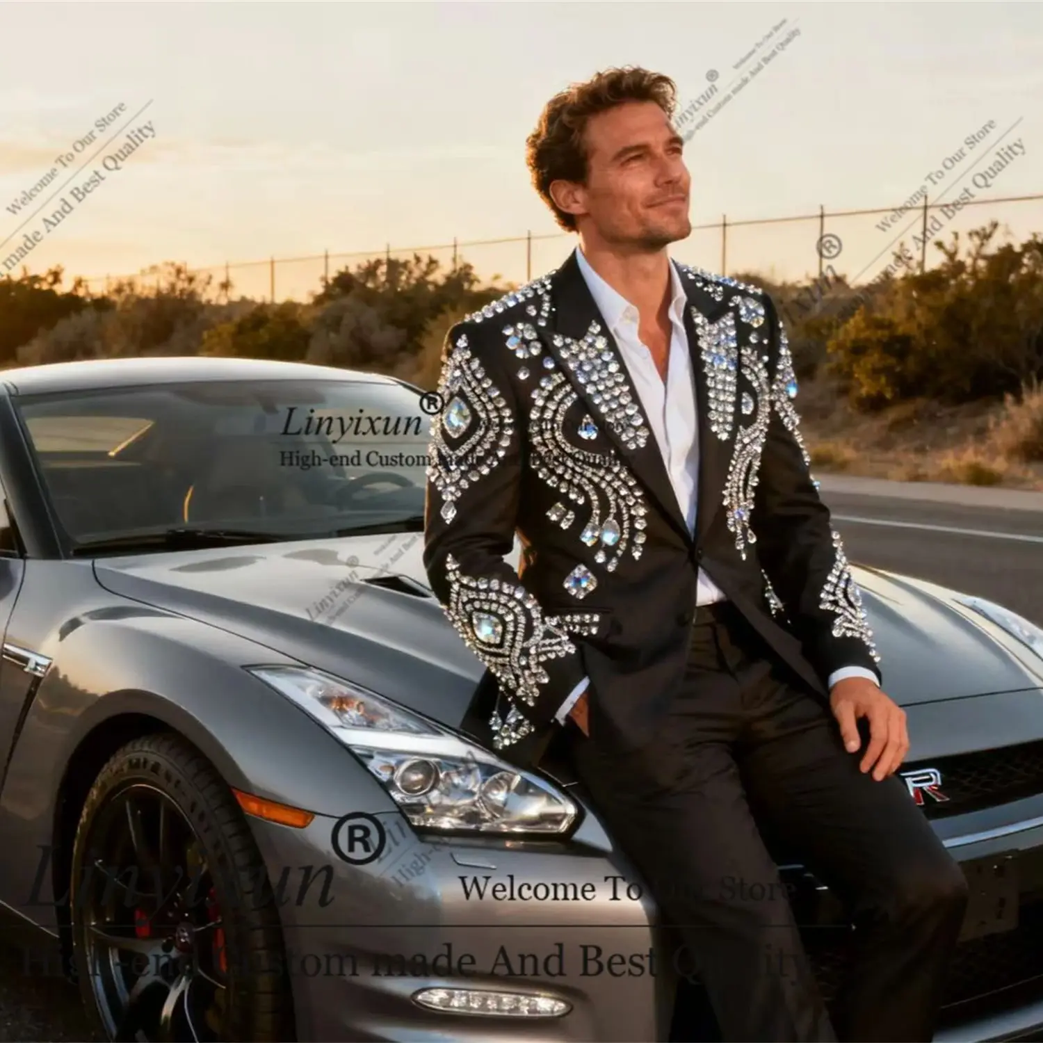 

Luxury Diamond Embellished Men Suits 2 Pieces Sets Peaked Lapel Male Party Prom Blazers Customized Groom Tuxedos Ropa Hombre