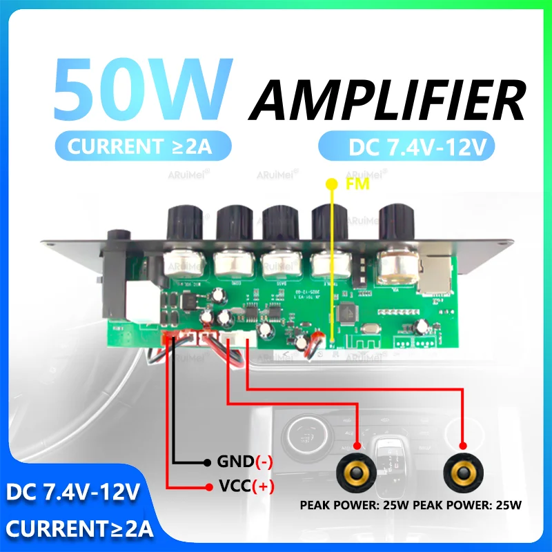 ARUIMEI 2*25W Stereo Amplifier Board with Display, Metal Case, 7.4-12V Wide Voltage Input, w/ Power Cable  Product Detail Page
