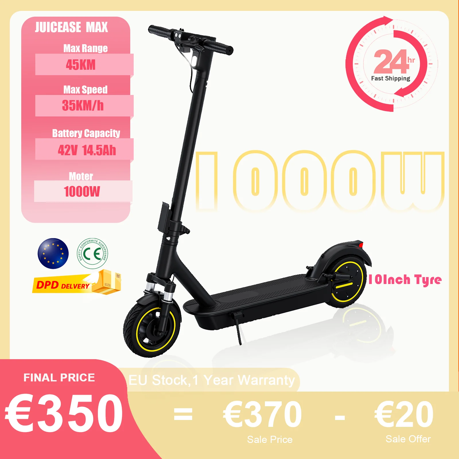 JUICEASE MAX Electric Scooter 1000W Powerful Motor 35KM/H 45KM 42V 14.5AH Battery 10Inch Pneumatic Tyres Smart Foldable EScooter