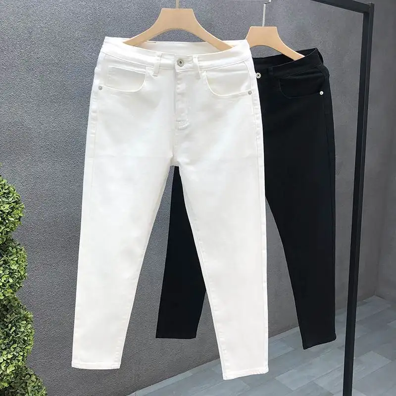 2026 Men's Plain Color Jeans Slim Fit Cropped White Casual Pants Spring Autumn Style Comfort