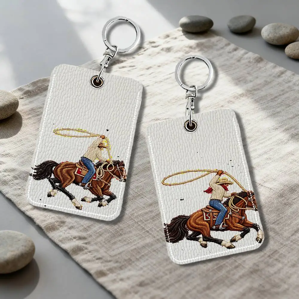 Horse Riding Lichee Leather Sign Rectangle Keychain Card Holder, Badge Credit Card Holder, Student Card Holder, Bus Cards Cover