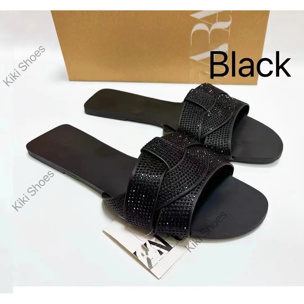 

Новые женские летние пляжные шлепанцы 2026 года с тонким блеском и декором из страз, однотонные, в европейском и американском стиле, на плоской подошве, повседневные
