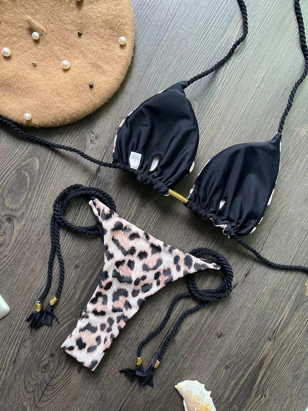 2026 Sexy Leopard Print Swimwear Women'S Split Bikini Set Woven Rope Strap Fringe Beach Women'S Two-Piece Swimsuit Bathing Suit - Image 3