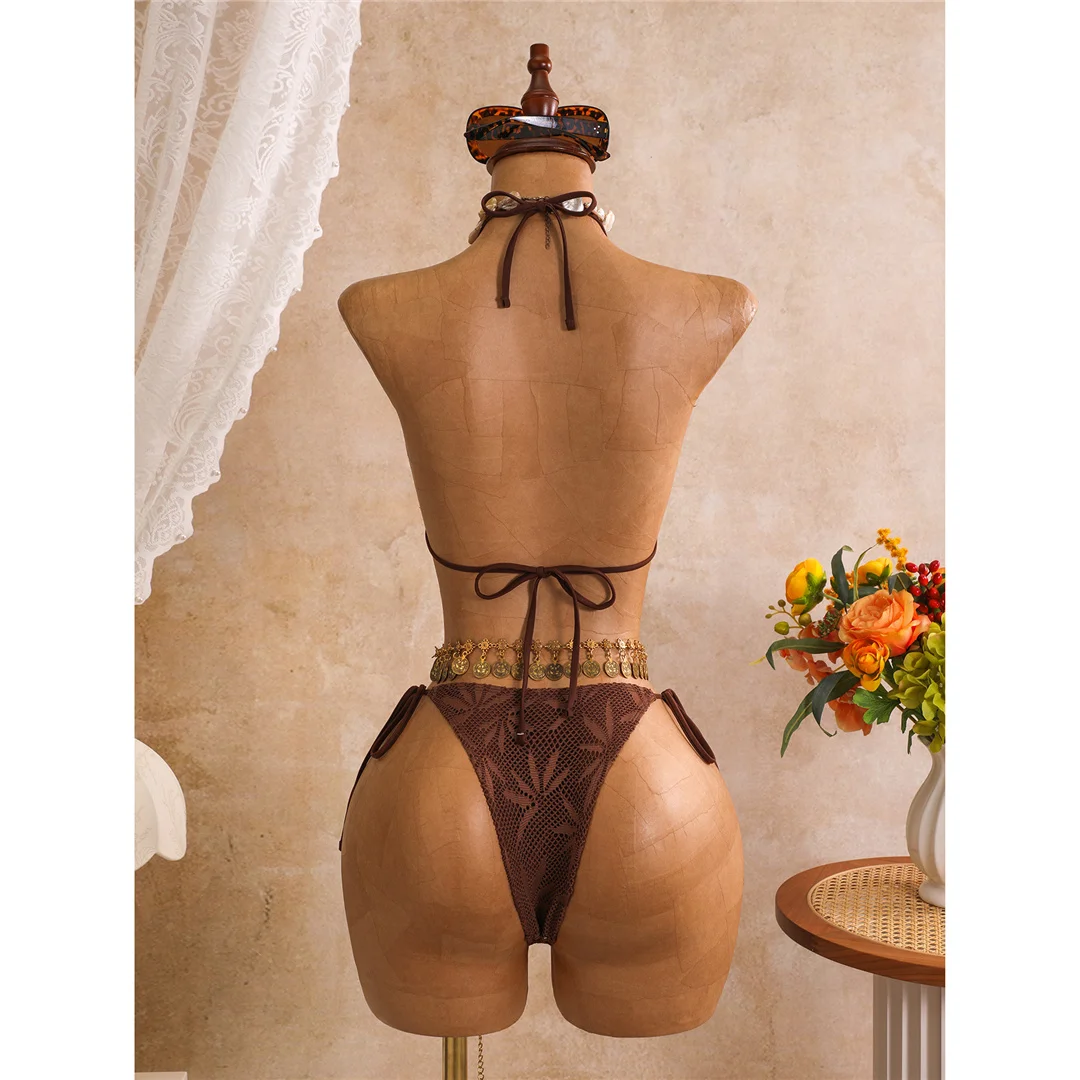 Mit Sarong-Blättern bedruckter Neckholder-Bikini, Damen-Badeanzug, dreiteiliges Bikini-Set, Badebekleidung, Badeanzug, Schwimmanzug V8367 – Detail 24